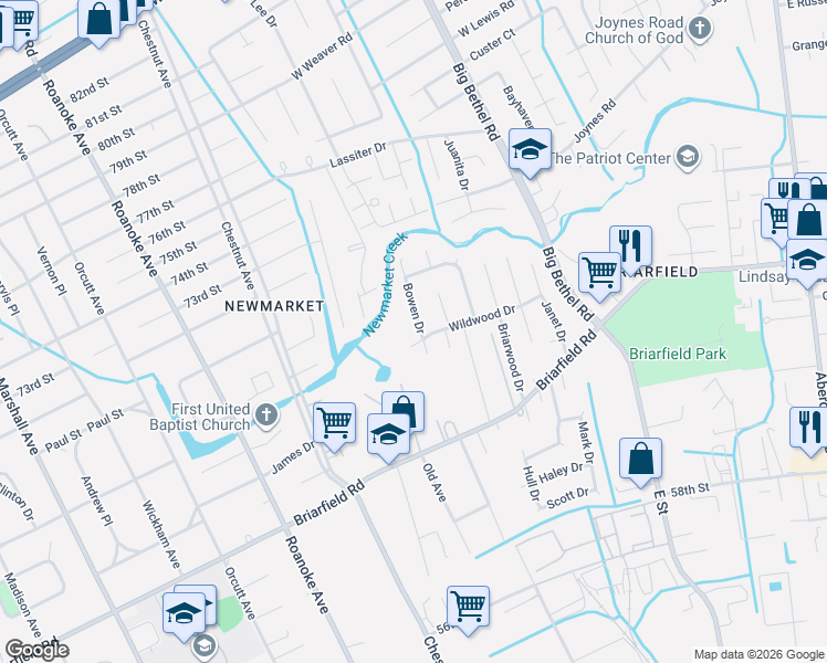 map of restaurants, bars, coffee shops, grocery stores, and more near 107 Bowen Drive in Hampton