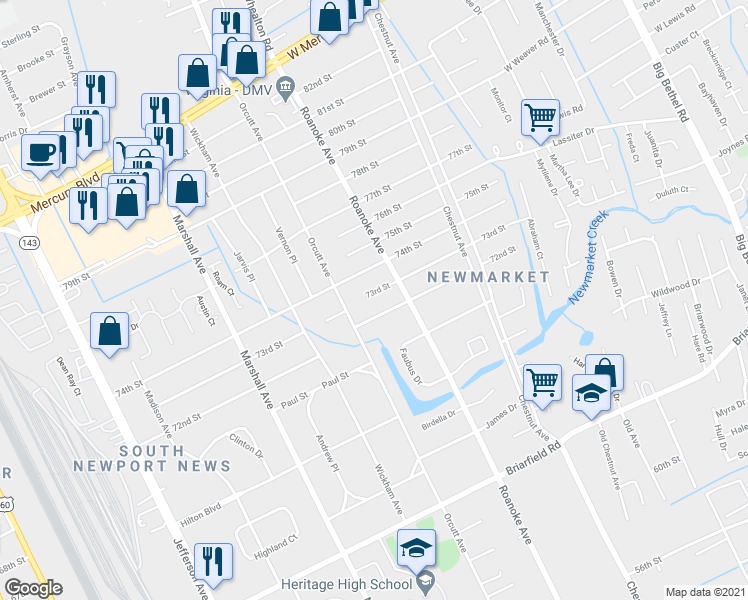 map of restaurants, bars, coffee shops, grocery stores, and more near 1007 73rd Street in Newport News
