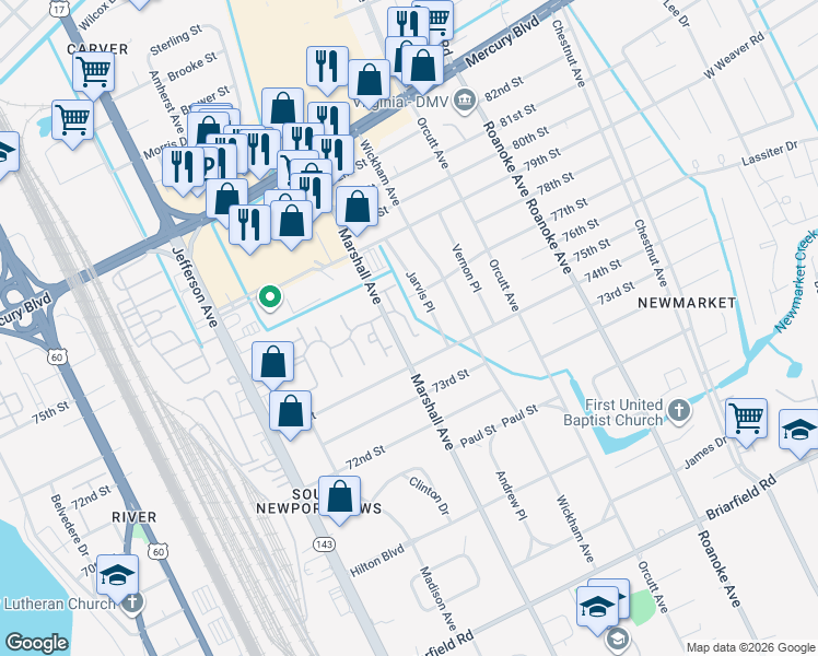 map of restaurants, bars, coffee shops, grocery stores, and more near 805 Roam Court in Newport News