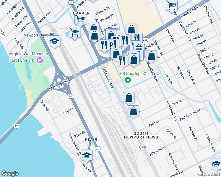 map of restaurants, bars, coffee shops, grocery stores, and more near in Newport News