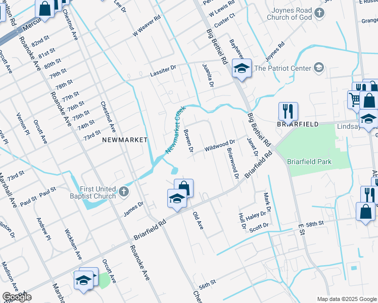 map of restaurants, bars, coffee shops, grocery stores, and more near 107 Bowen Drive in Hampton