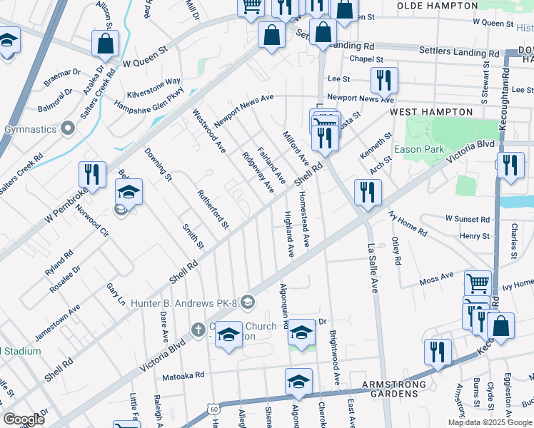map of restaurants, bars, coffee shops, grocery stores, and more near 478 Algonquin Road in Hampton