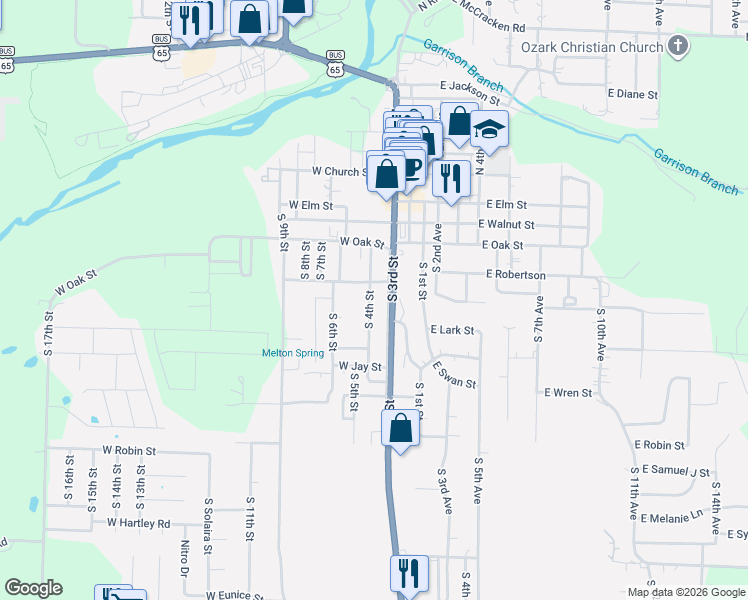 map of restaurants, bars, coffee shops, grocery stores, and more near 401 South 3rd Street in Ozark