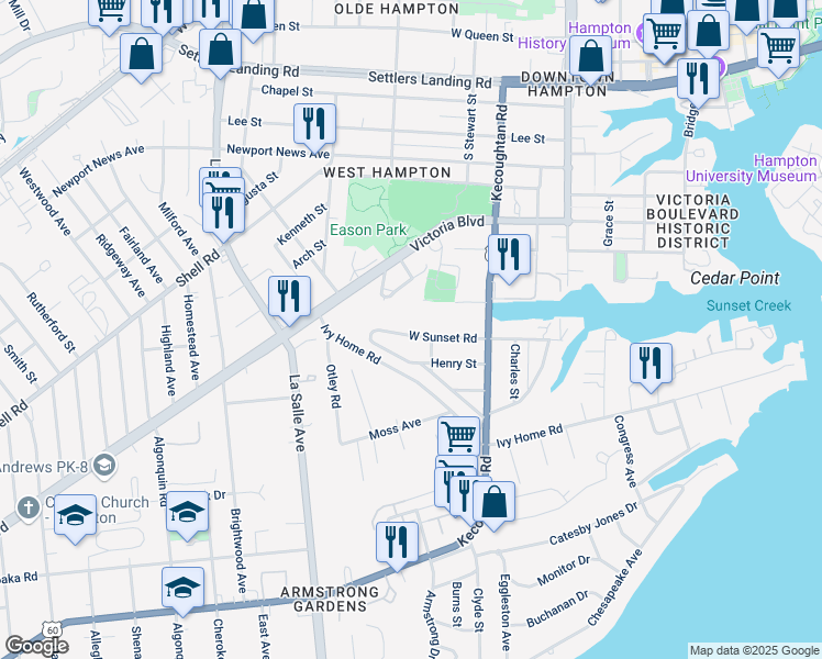 map of restaurants, bars, coffee shops, grocery stores, and more near 545 Providence Street in Hampton