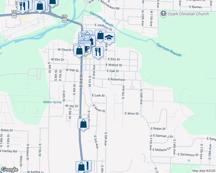 map of restaurants, bars, coffee shops, grocery stores, and more near 312 East Robertson in Ozark