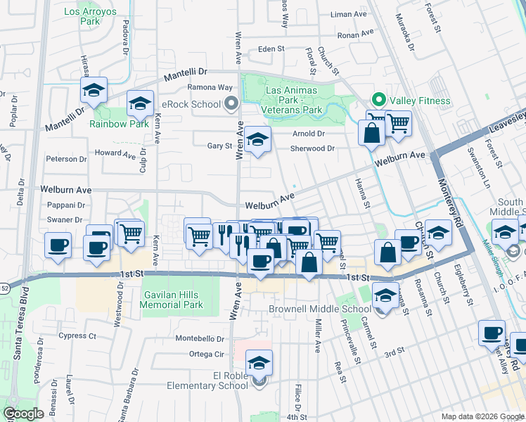 map of restaurants, bars, coffee shops, grocery stores, and more near 760 Welburn Avenue in Gilroy