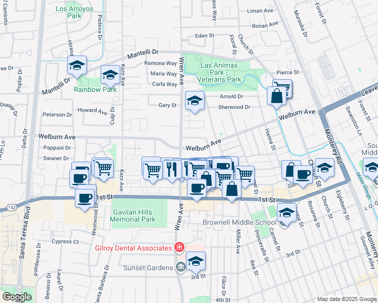 map of restaurants, bars, coffee shops, grocery stores, and more near 780 Welburn Avenue in Gilroy