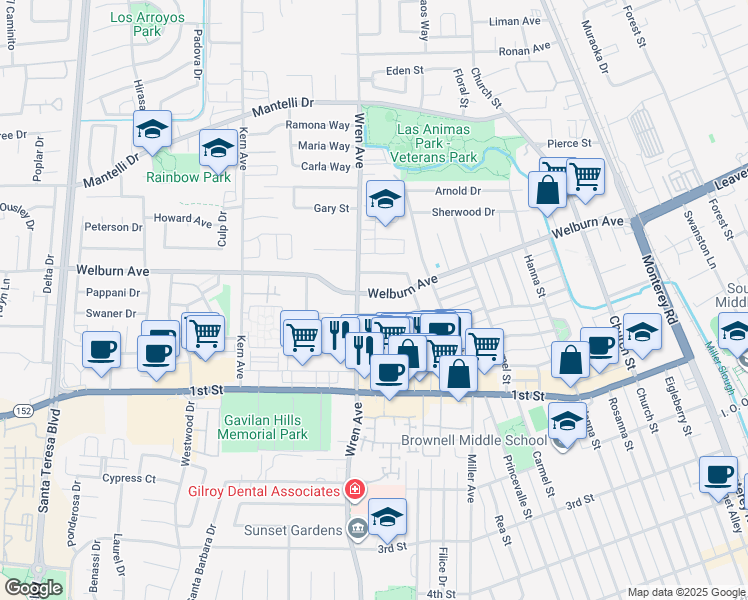 map of restaurants, bars, coffee shops, grocery stores, and more near 780 Welburn Avenue in Gilroy