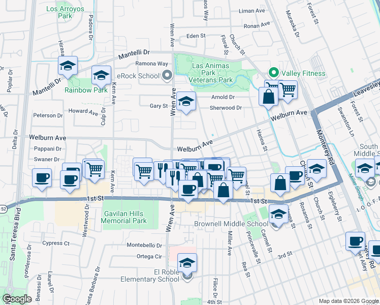 map of restaurants, bars, coffee shops, grocery stores, and more near 760 Welburn Avenue in Gilroy