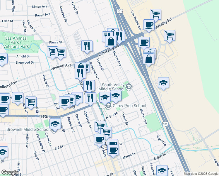 map of restaurants, bars, coffee shops, grocery stores, and more near 8101 Forest Street in Gilroy