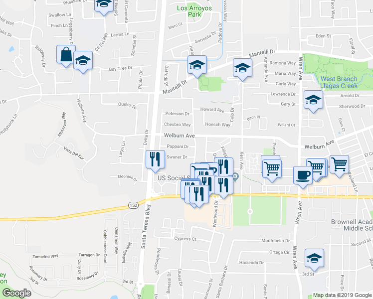 map of restaurants, bars, coffee shops, grocery stores, and more near 1232 Pappani Drive in Gilroy