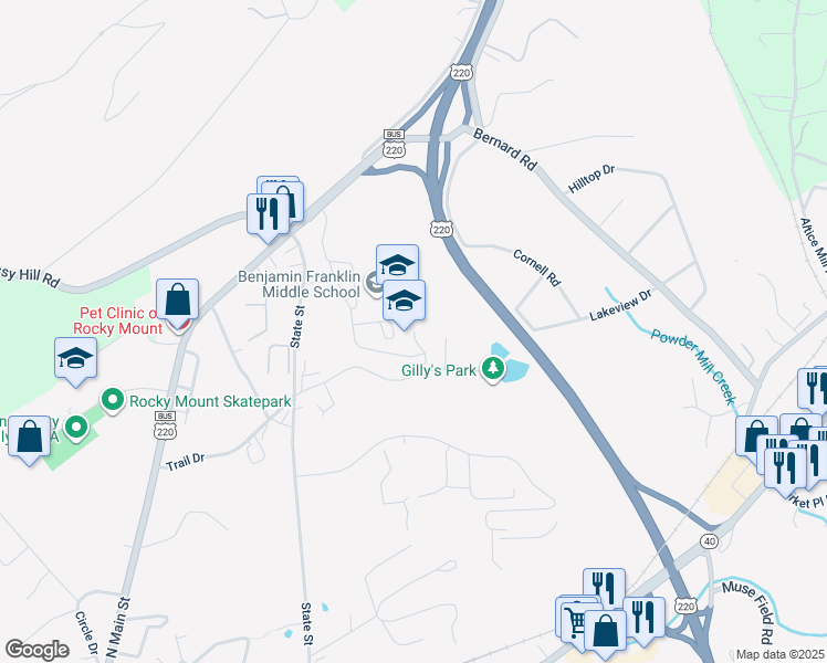 map of restaurants, bars, coffee shops, grocery stores, and more near Middle School Road in Rocky Mount