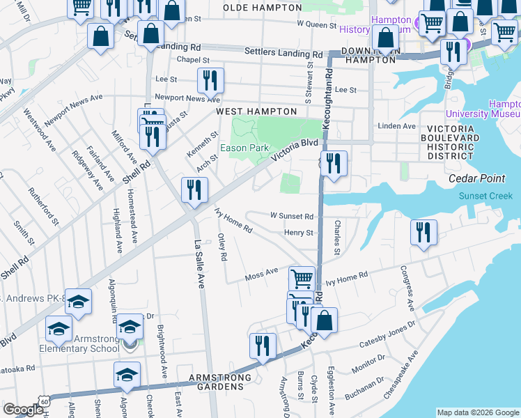 map of restaurants, bars, coffee shops, grocery stores, and more near 545 Providence Street in Hampton