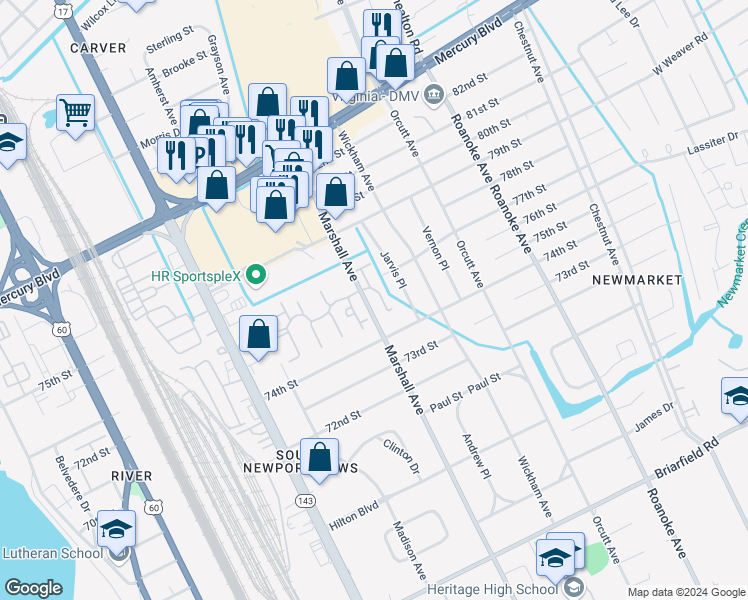 map of restaurants, bars, coffee shops, grocery stores, and more near 806 Roam Court in Newport News