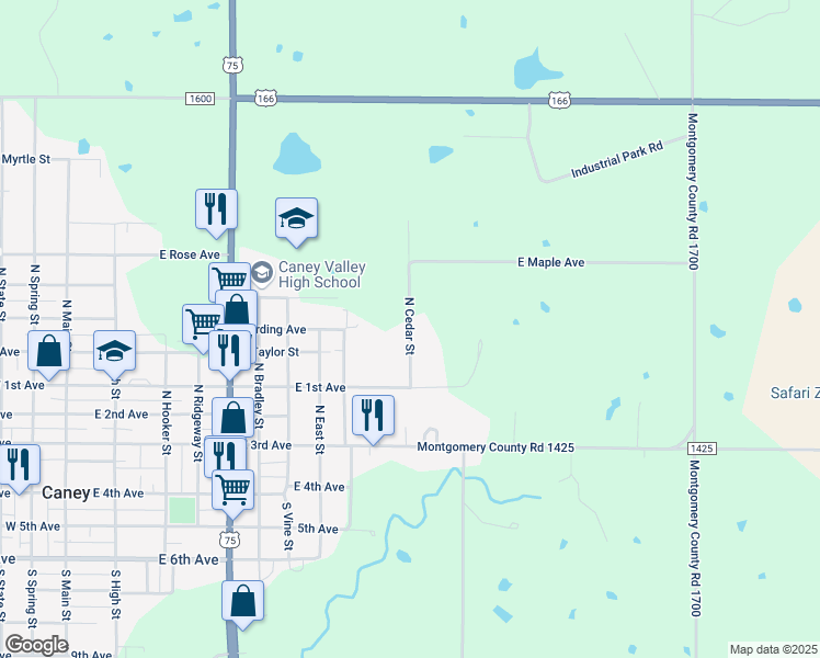 map of restaurants, bars, coffee shops, grocery stores, and more near 562 North Cedar Street in Caney