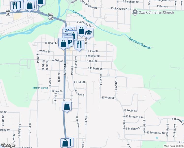 map of restaurants, bars, coffee shops, grocery stores, and more near 312 East Robertson in Ozark