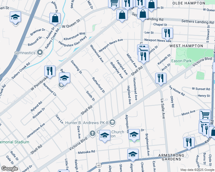 map of restaurants, bars, coffee shops, grocery stores, and more near 615 Anderson Lane in Hampton