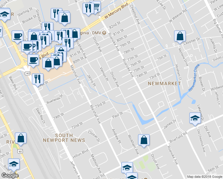 map of restaurants, bars, coffee shops, grocery stores, and more near 7401 Vernon Place in Newport News
