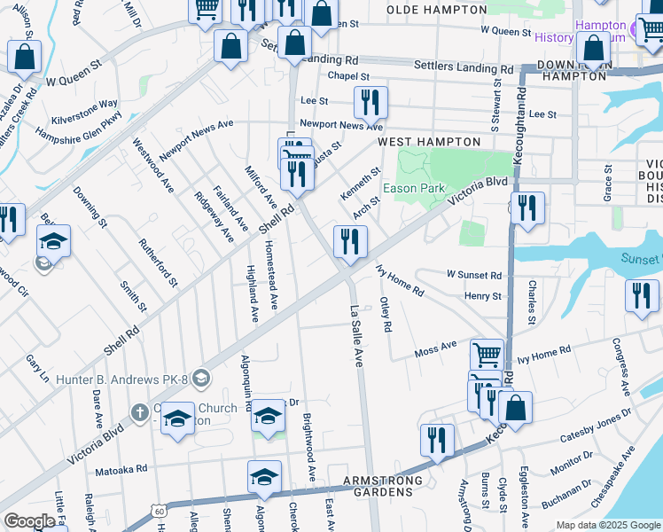 map of restaurants, bars, coffee shops, grocery stores, and more near 411 La Salle Avenue in Hampton