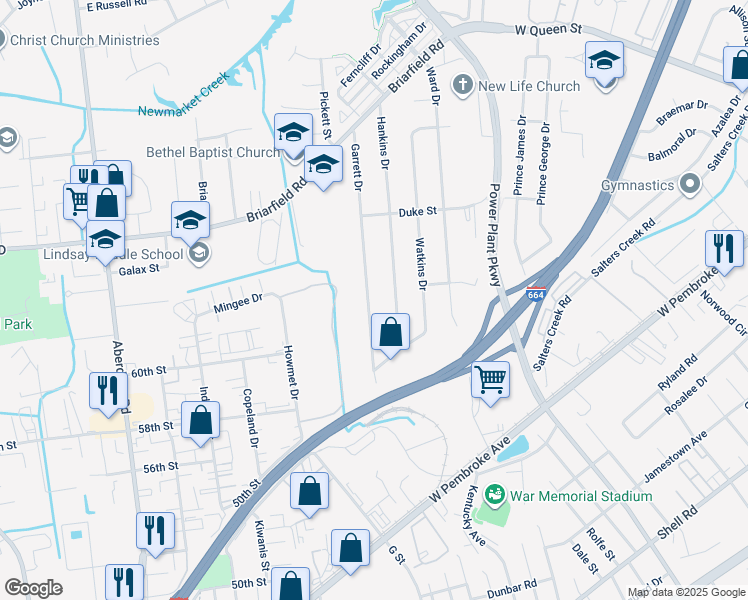 map of restaurants, bars, coffee shops, grocery stores, and more near 125 Garrett Drive in Hampton