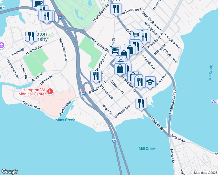 map of restaurants, bars, coffee shops, grocery stores, and more near 20 Williams Street in Hampton