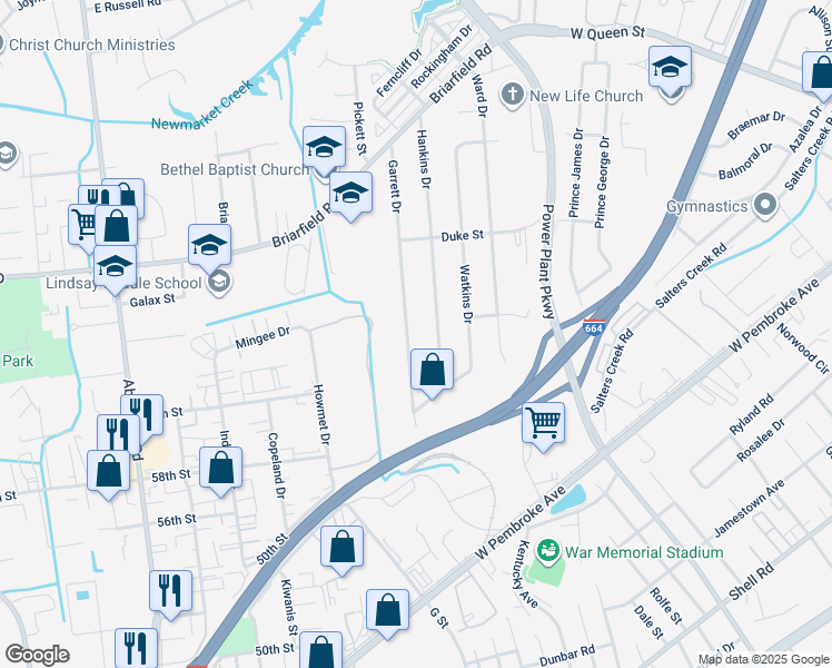 map of restaurants, bars, coffee shops, grocery stores, and more near 125 Garrett Drive in Hampton