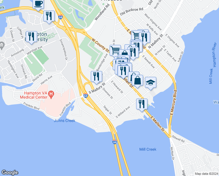 map of restaurants, bars, coffee shops, grocery stores, and more near 20 Williams Street in Hampton