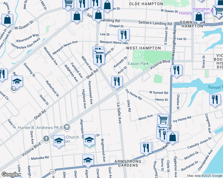 map of restaurants, bars, coffee shops, grocery stores, and more near 411 La Salle Avenue in Hampton