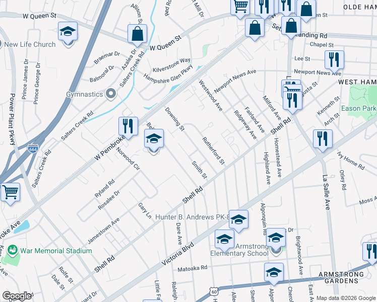 map of restaurants, bars, coffee shops, grocery stores, and more near 814 Smith Street in Hampton