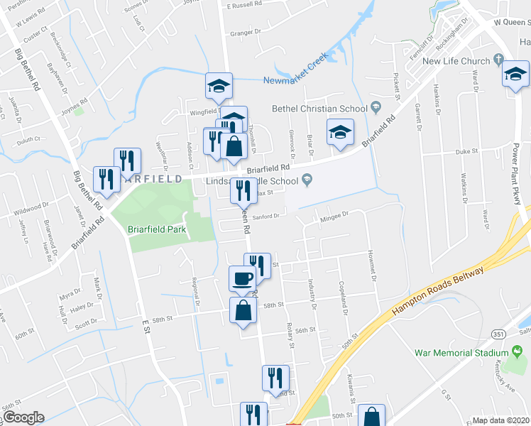 map of restaurants, bars, coffee shops, grocery stores, and more near 103 Sanford Drive in Hampton