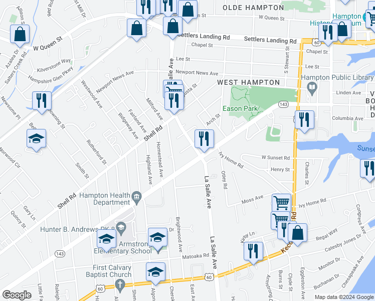 map of restaurants, bars, coffee shops, grocery stores, and more near 3640 Ervin Street in Hampton