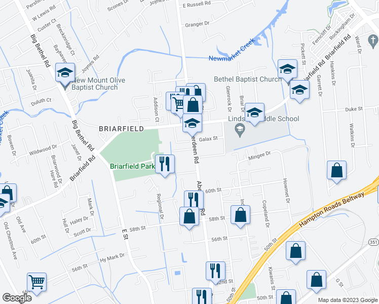 map of restaurants, bars, coffee shops, grocery stores, and more near 7 Stratum Way in Hampton