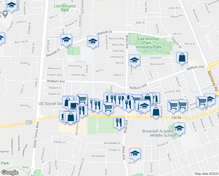 map of restaurants, bars, coffee shops, grocery stores, and more near 8371 Parish Way in Gilroy