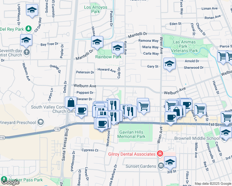 map of restaurants, bars, coffee shops, grocery stores, and more near Bosco Lane in Gilroy