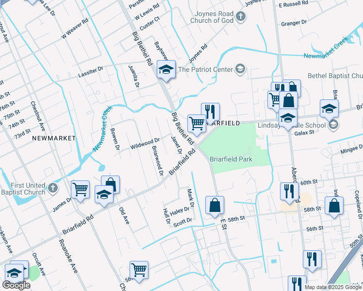 map of restaurants, bars, coffee shops, grocery stores, and more near 16 Janet Drive in Hampton