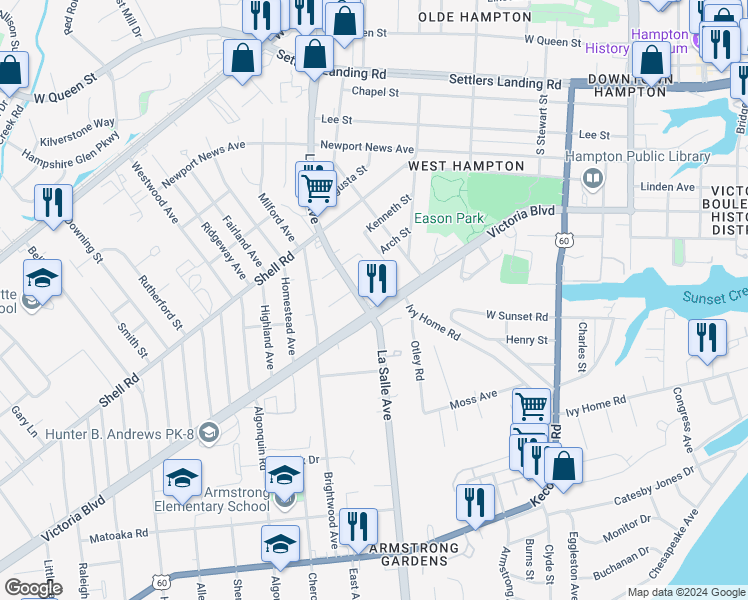 map of restaurants, bars, coffee shops, grocery stores, and more near 3709 Victoria Boulevard in Hampton