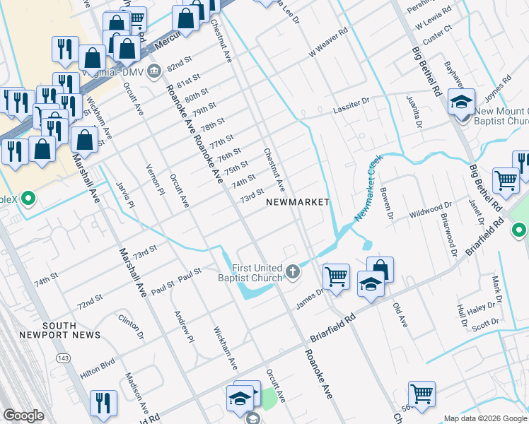 map of restaurants, bars, coffee shops, grocery stores, and more near 1110 72nd Street in Newport News