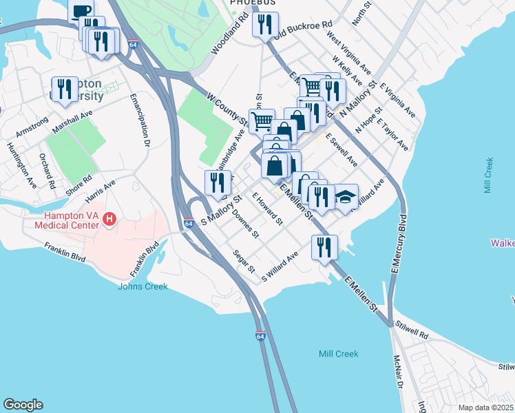map of restaurants, bars, coffee shops, grocery stores, and more near 27 Williams Street in Hampton