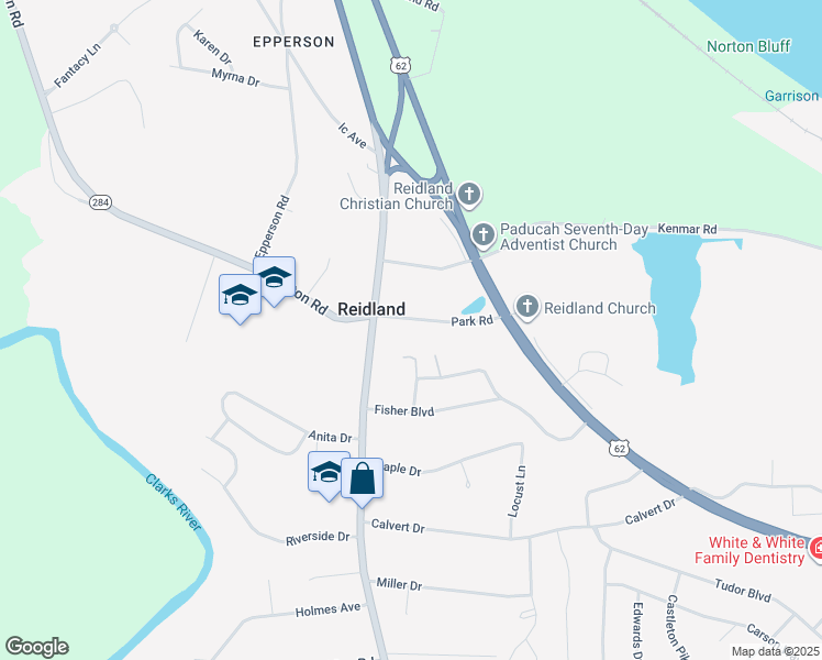 map of restaurants, bars, coffee shops, grocery stores, and more near 120 Park Road in Paducah