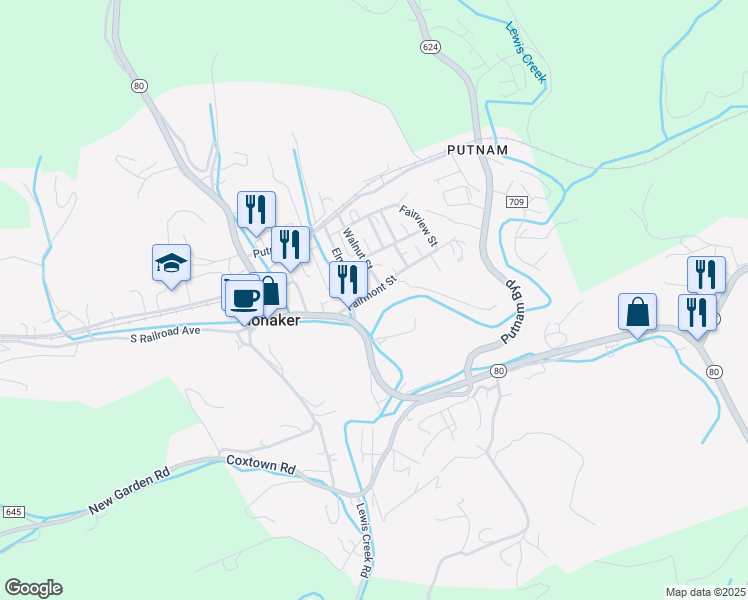 map of restaurants, bars, coffee shops, grocery stores, and more near 127-199 Fairmont Street in Honaker