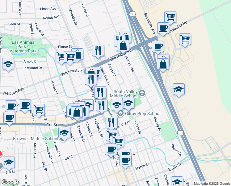 map of restaurants, bars, coffee shops, grocery stores, and more near 8090 Swanston Lane in Gilroy