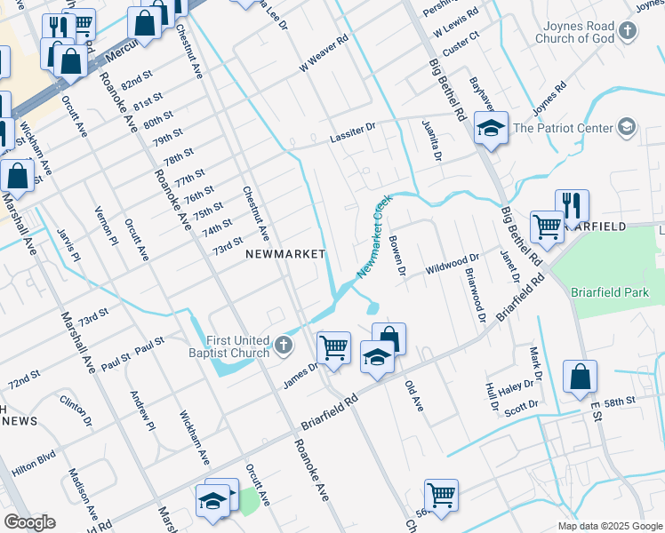 map of restaurants, bars, coffee shops, grocery stores, and more near 7271 Abraham Ct in Newport News