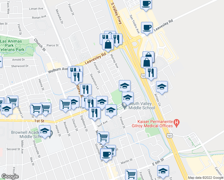 map of restaurants, bars, coffee shops, grocery stores, and more near 8071 Springdale Court in Gilroy