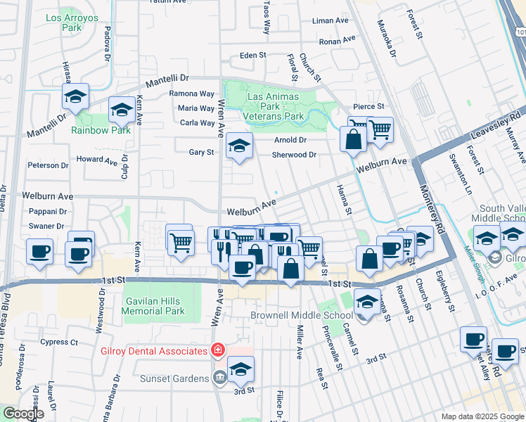 map of restaurants, bars, coffee shops, grocery stores, and more near 740 Welburn Ave in Gilroy