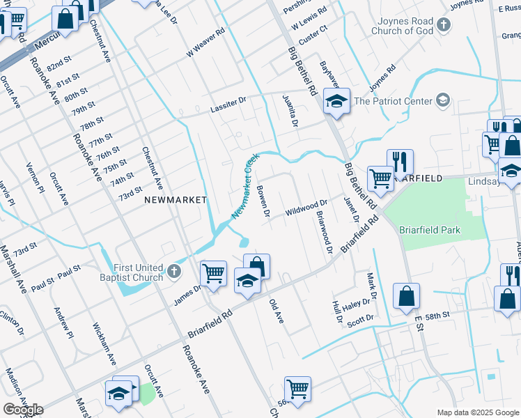 map of restaurants, bars, coffee shops, grocery stores, and more near 107 Bowen Drive in Hampton