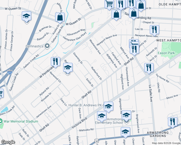 map of restaurants, bars, coffee shops, grocery stores, and more near 716 Downing Street in Hampton