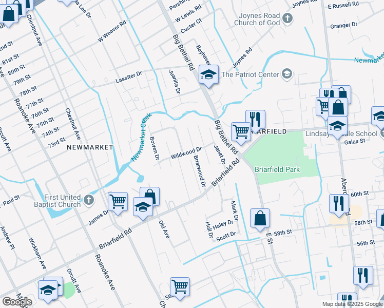 map of restaurants, bars, coffee shops, grocery stores, and more near 31 Briarwood Drive in Hampton