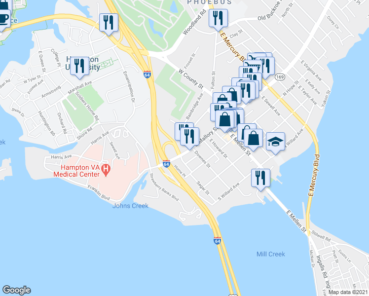 map of restaurants, bars, coffee shops, grocery stores, and more near 236 South Mallory Street in Hampton