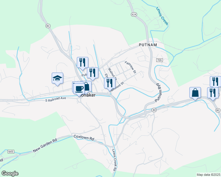 map of restaurants, bars, coffee shops, grocery stores, and more near 127 Fairmont Street in Honaker