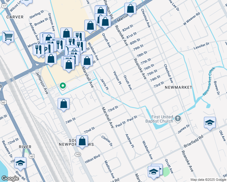 map of restaurants, bars, coffee shops, grocery stores, and more near 7407 Wickham Avenue in Newport News
